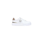 Guess women white polyurethane platform sneakers with metallic silver logo and rose gold glitter heel tab back view