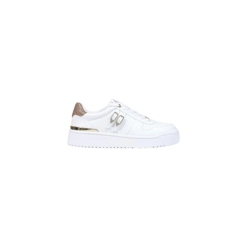 Guess women white polyurethane platform sneakers with metallic silver logo and rose gold glitter heel tab back view