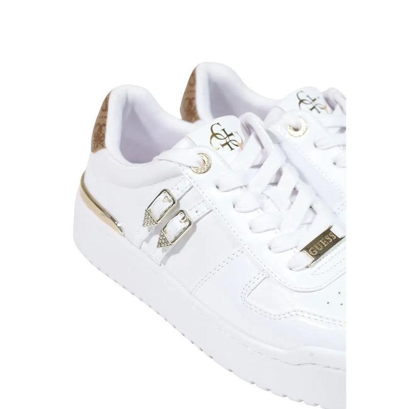 White polyurethane Guess women sneakers with gold-tone hardware and buckle details lace up for casual wear