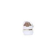 White polyurethane Guess women sneakers featuring a gold-tone metallic heel tab and zipper detail on the back side