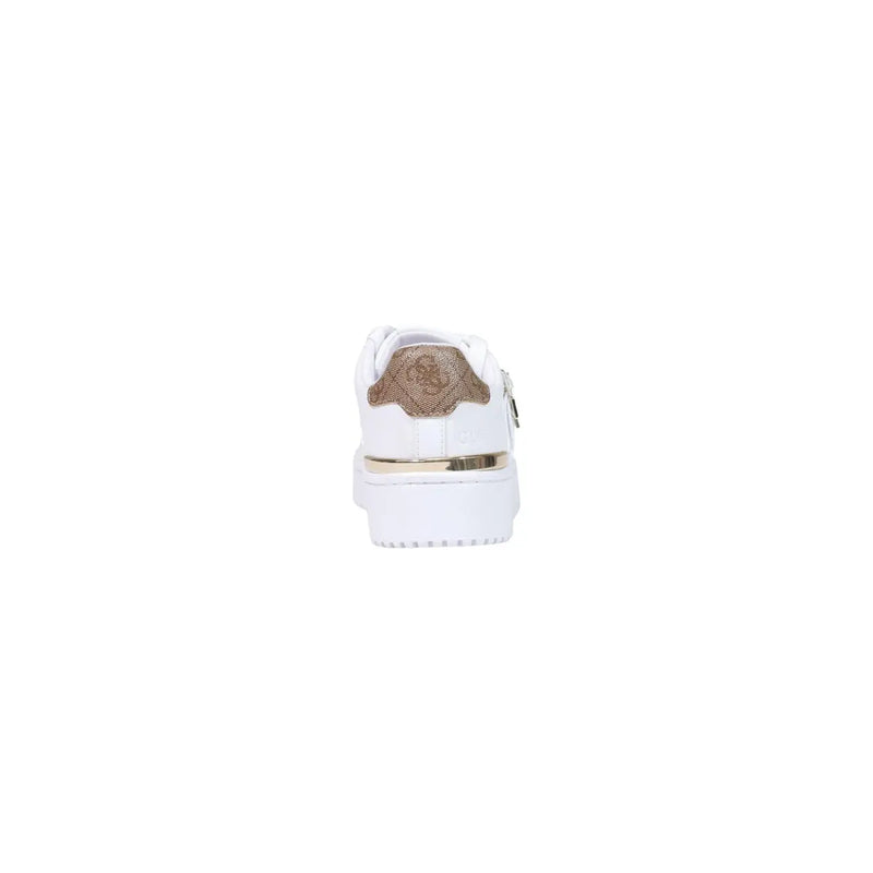 White polyurethane Guess women sneakers featuring a gold-tone metallic heel tab and zipper detail on the back side