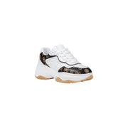 Guess women sporty white slip on chunky sneakers with black accents and gold toned logo detailing on side panels