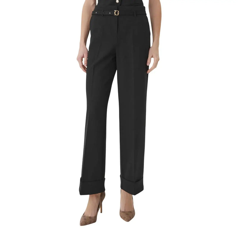 Schwarz Guess Taillierte Damenhose aus strukturiertem Crêpe mit goldfarbener Gürtelschnalle und dem charakteristischen G-Logo