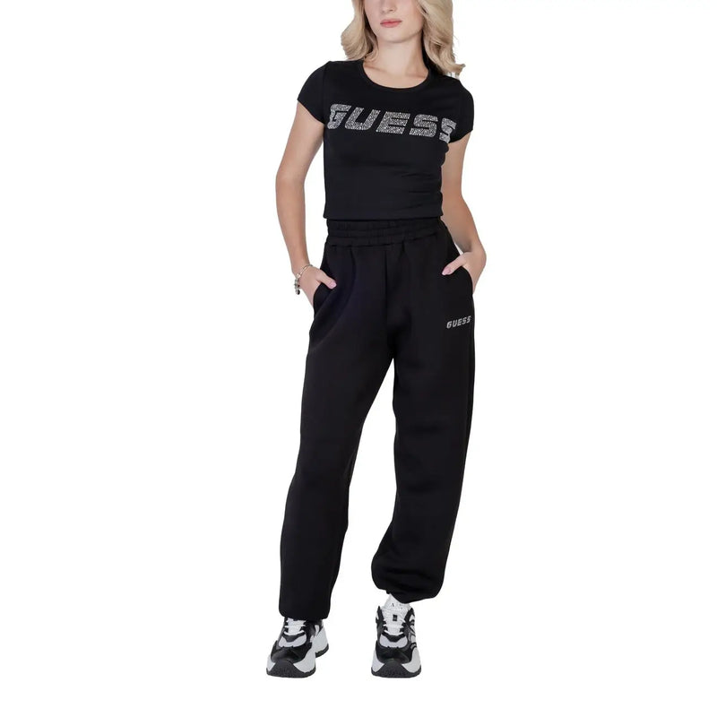 Black Guess women short-sleeved t-shirt with sparkling lettering made of cotton lycra featuring a round neck