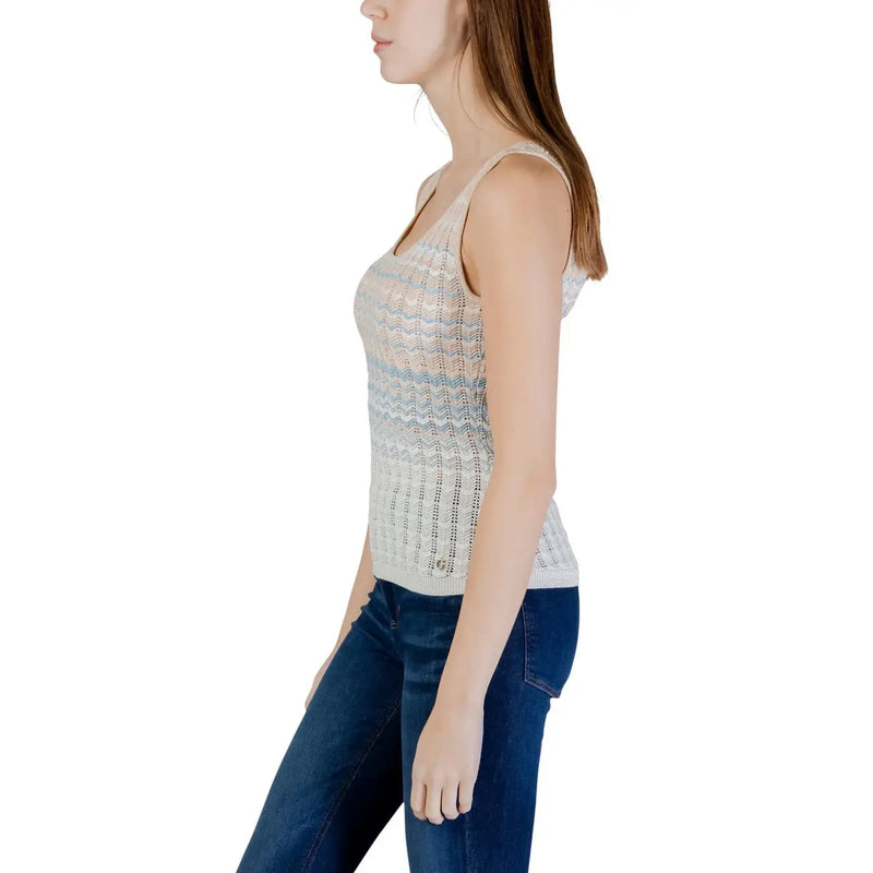Guess Beige Stricktop für Damen top mit dezenten blauen und beigen Streifen aus Viskose, ärmelloses Design mit Rundhalsausschnitt