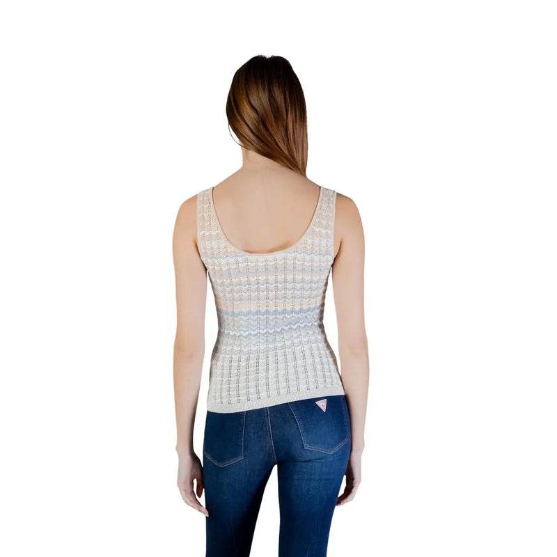 Guess Frauenpanzer top aus beigefarbenem und hellblau gestreiftem Viskose-Strickstoff mit Rundhalsausschnitt und ärmellosem Design