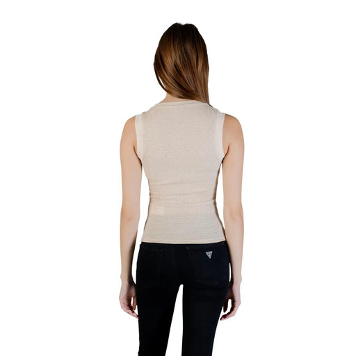 Beiges, geripptes, ärmelloses Tanktop top mit taillierter Silhouette und Rundhalsausschnitt von guess Frauen W6GP14