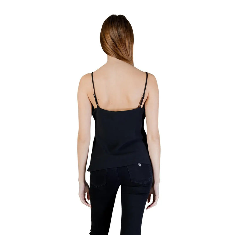 Rückansicht von guess Frauenpanzer top Schwarzes, trägerloses Polyester-Top mit V-Ausschnitt, dezentem V-förmigem Saum und gesticktem Logo