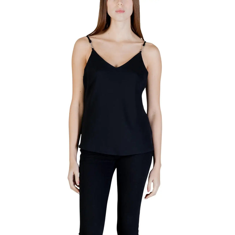 Guess Damen schwarzes Satin-Tanktop top mit V-Ausschnitt und dünnen Trägern aus Polyester für stilvolle Freizeitkleidung