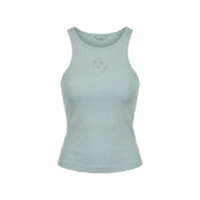 Guess Frauenpanzer top aus hellmintgrünem, geripptem Polyester mit einem glitzernden Logo auf der Brust und rundem Halsausschnitt