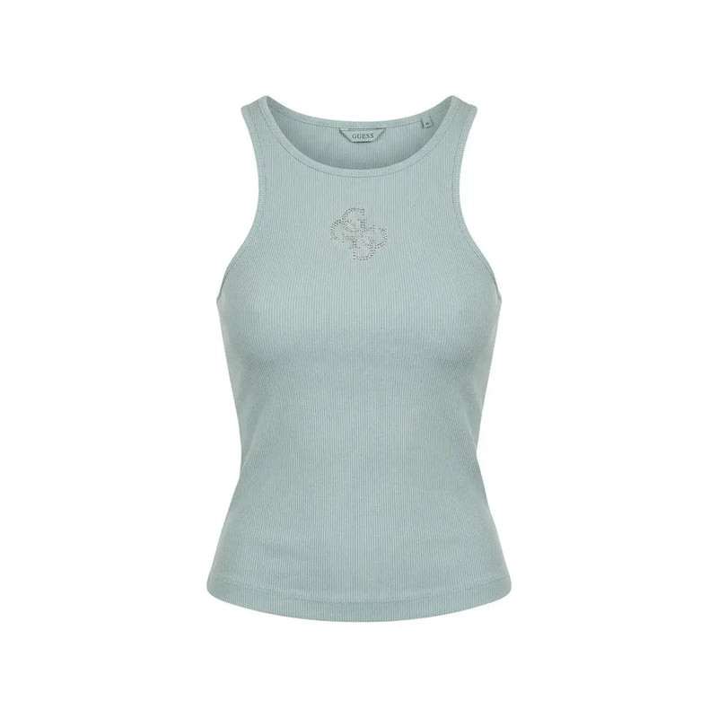 Guess Frauenpanzer top aus hellmintgrünem, geripptem Polyester mit einem glitzernden Logo auf der Brust und rundem Halsausschnitt
