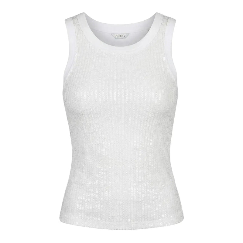 Weißes, paillettenbesetztes, ärmelloses Baumwoll-Top top von Guess mit Rundhalsausschnitt für Damen