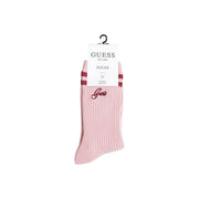 Rosa gerippte Socken aus Baumwollmischgewebe mit bordeauxroten Streifen und passender Stickerei Guess Logo für Frauen