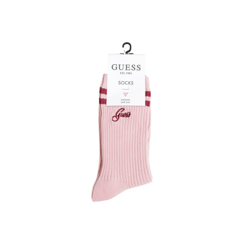 Rosa gerippte Socken aus Baumwollmischgewebe mit bordeauxroten Streifen und passender Stickerei Guess Logo für Frauen