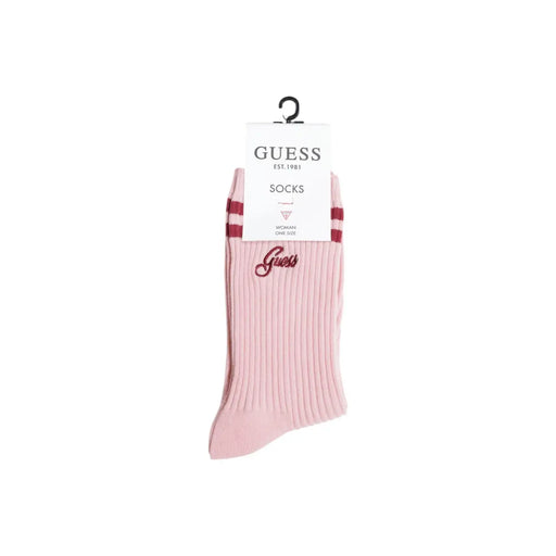 Rosa gerippte Socken aus Baumwollmischgewebe mit bordeauxroten Streifen und passender Stickerei Guess Logo für Frauen