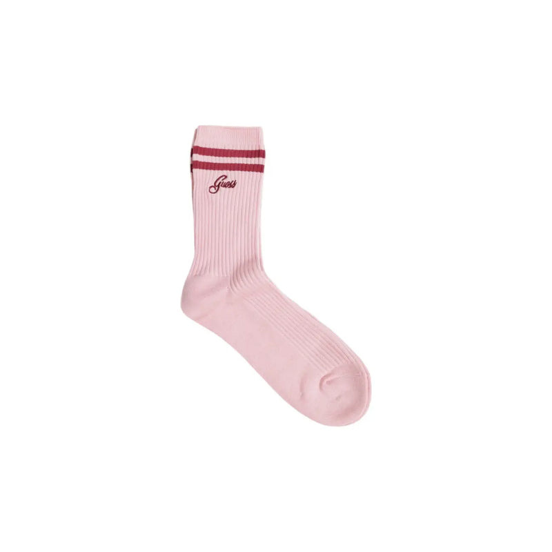 Guess Damen-Socken aus weichem, rosafarbenem Baumwollmischgewebe mit Rippstrick, bordeauxroten Streifen und dezentem, gesticktem Logo in der Nähe des Schafts top