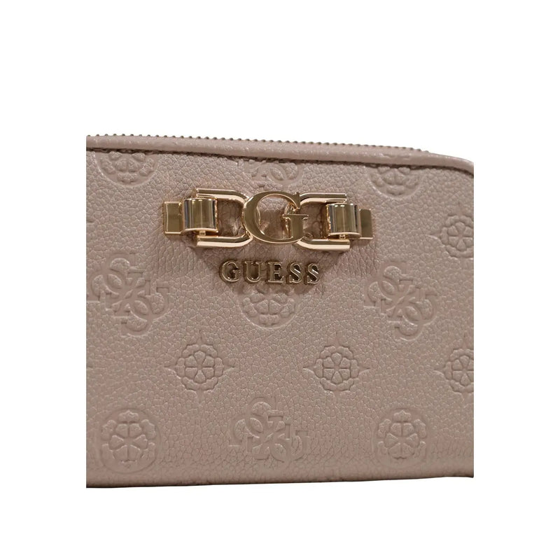 Beige Guess Damengeldbörse aus Polyurethan mit strukturierter Oberfläche und goldfarbenem Kettenverschluss, Maße: 14 x 9 x 3 cm