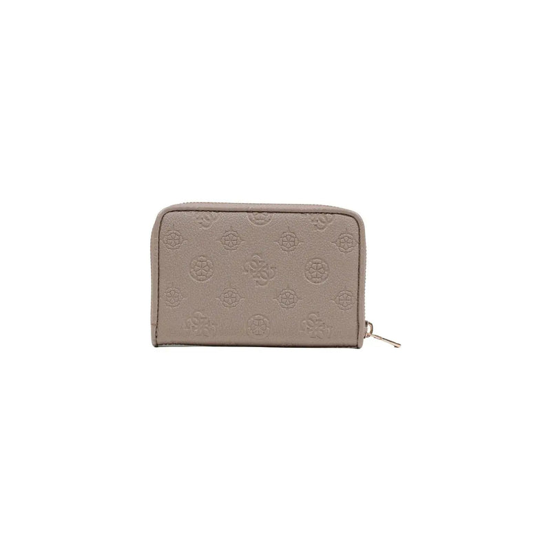 Beige Guess Damengeldbörse aus Polyurethan mit geprägtem Logomuster und Reißverschlusstaschen, Maße: 14 x 9 x 3 cm