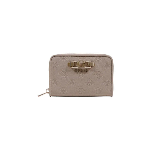 Beige guess Die Damengeldbörse aus Polyurethan verfügt über Reißverschlusstaschen, ein geprägtes Blumenmuster und einen goldfarbenen Verschluss.
