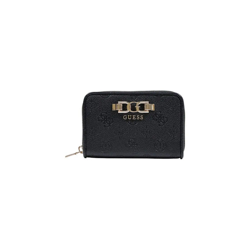 Black guess women wallet in polyurethane with embossed logo and gold-tone clasp featuring zip pockets 14x9x3 cm