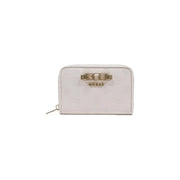Weiß guess Damengeldbörse aus beigefarbenem Polyurethan mit geprägtem Logomuster und goldfarbenem Verschluss, Reißverschlussfächer, 14 x 9 x 3 cm