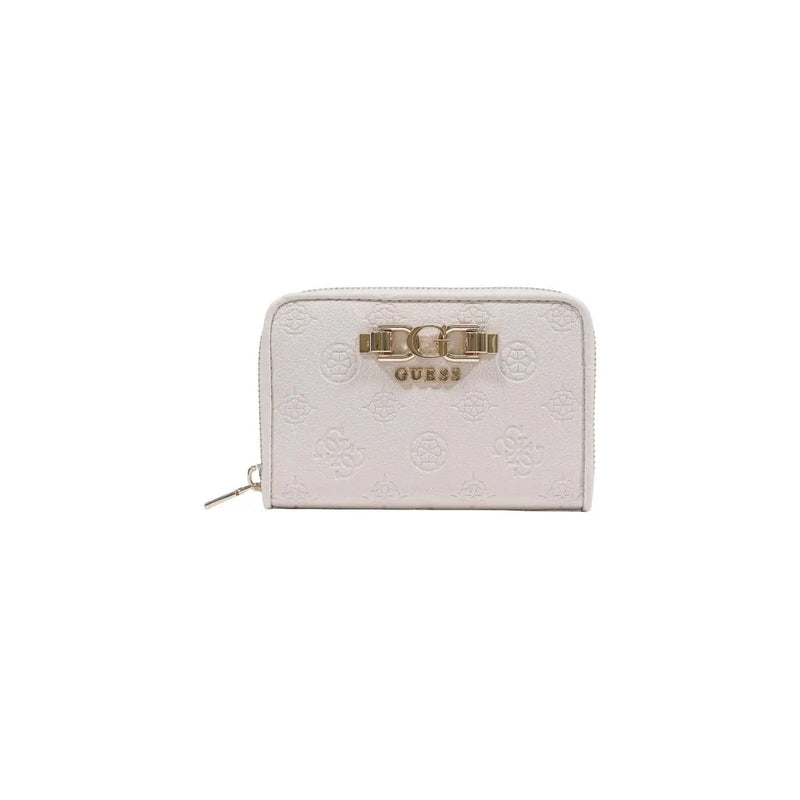 Weiß guess Damengeldbörse aus beigefarbenem Polyurethan mit geprägtem Logomuster und goldfarbenem Verschluss, Reißverschlussfächer, 14 x 9 x 3 cm