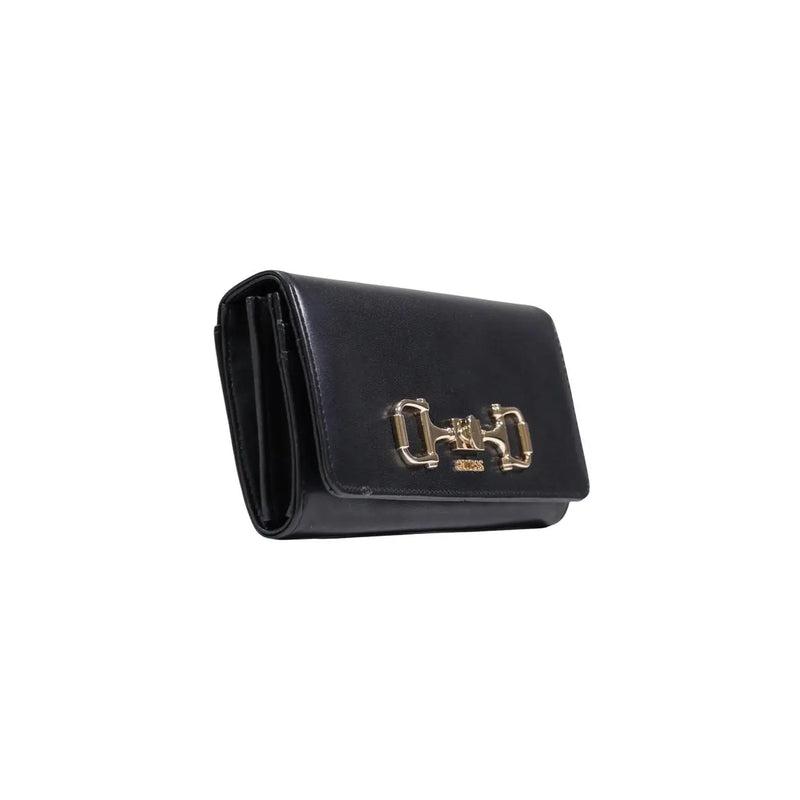 Schwarzes Leder Guess Damengeldbörse mit goldfarbenem Trensenverschluss aus Polyurethan, Maße: 20 x 10 x 4 cm