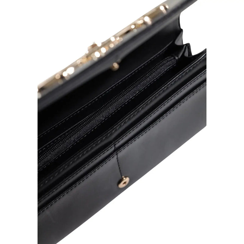Schwarz Guess Damengeldbörse aus Polyurethan mit Knopfverschluss, schwarzer Lederclutch und goldfarbenen Beschlägen, Reißverschluss innen