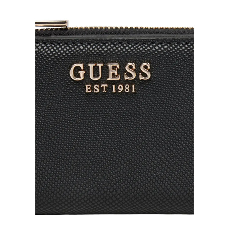 Schwarz strukturiert Guess Damengeldbörse aus Polyurethan mit goldfarbenem Est 1981-Logo und Reißverschluss, 12 x 8 x 2 cm