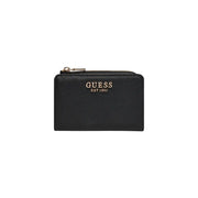 Schwarz strukturiert Guess Damengeldbörse aus Polyurethan mit goldfarbenem Reißverschluss und Logo, Maße: 12 x 8 x 2 cm