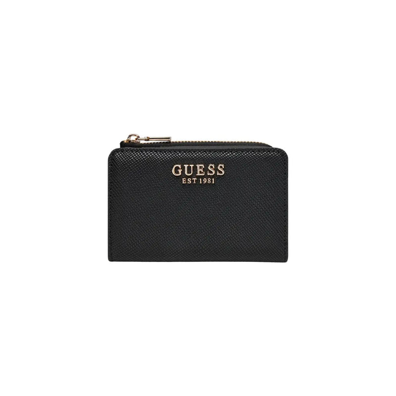 Schwarz strukturiert Guess Damengeldbörse aus Polyurethan mit goldfarbenem Reißverschluss und Logo, Maße: 12 x 8 x 2 cm