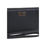Schwarzes genarbtes Leder Guess Damengeldbörse mit goldfarbenem Logo und Reißverschluss in Polyurethan-Reißverschlusstasche 20x10x2