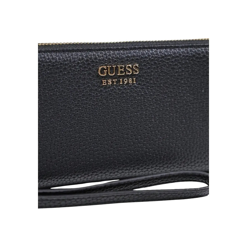 Schwarzes genarbtes Leder Guess Damengeldbörse mit goldfarbenem Logo und Reißverschluss in Polyurethan-Reißverschlusstasche 20x10x2