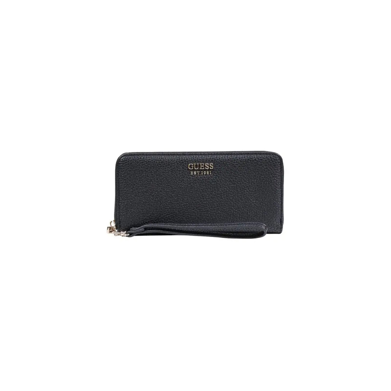 Schwarzes, strukturiertes Leder Guess Damengeldbörse mit Handschlaufe und silberfarbenem Reißverschlussfach, 20 x 10 x 2 cm
