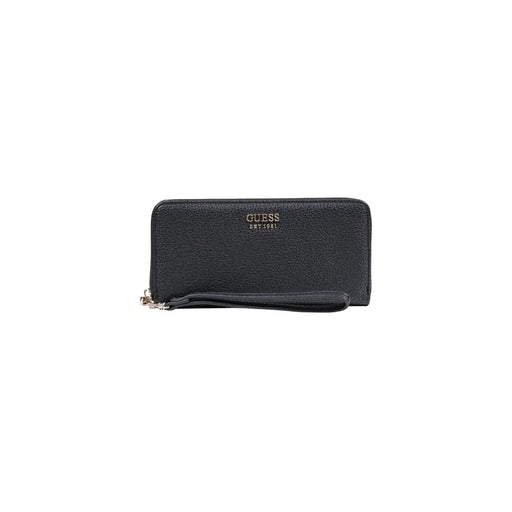 Schwarzes, strukturiertes Leder Guess Damengeldbörse mit Handschlaufe und silberfarbenem Reißverschlussfach, 20 x 10 x 2 cm
