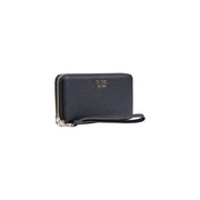 Schwarzes, strukturiertes Leder guess Damengeldbörse mit goldfarbenem Reißverschluss und Handschlaufe aus Polyurethan, 20 x 10 x 2 cm