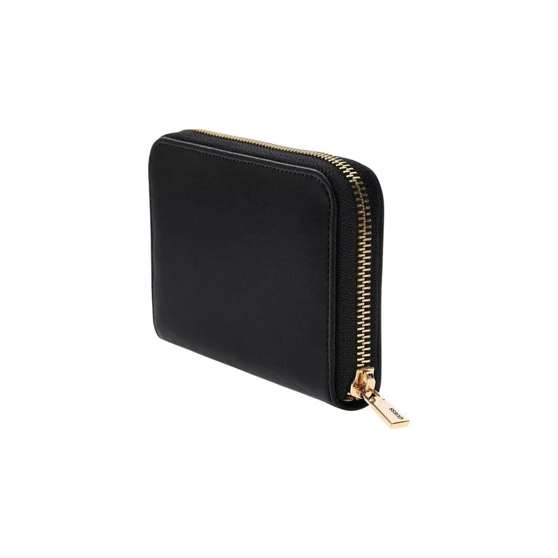 Guess Damengeldbörse aus schwarzem Polyurethanleder mit goldfarbenem Reißverschluss und Zipper, Größe 14 x 9 x 3 cm