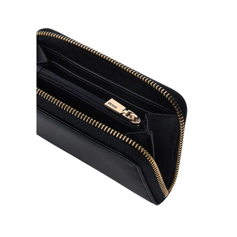 Guess Schwarze Damen-Geldbörse aus Polyurethan mit Reißverschluss, goldfarbenem Reißverschluss und Beschlägen, Maße: 14 x 9 x 3 Zentimeter