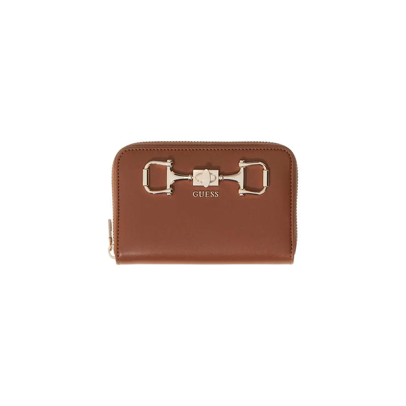 Braunes Leder guess Damengeldbörse mit Reißverschluss und metallenem Trensenverschluss aus schwarzem Polyurethan, Größe 14 x 9 x 3 cm