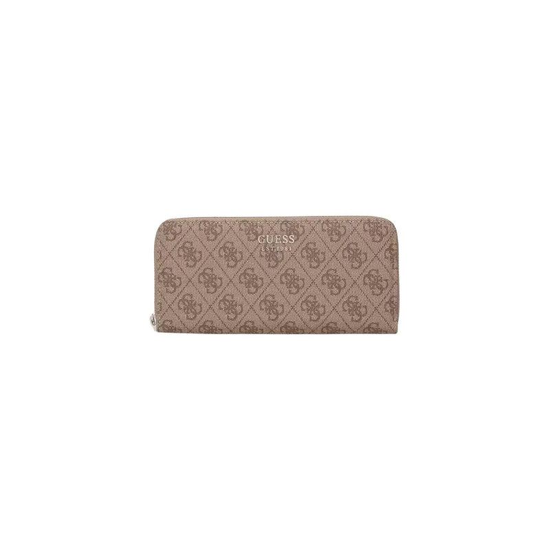 Beige Guess Damengeldbörse aus grauem Polyurethan mit sich wiederholendem Monogrammmuster und metallischem Logo, Größe 20 cm