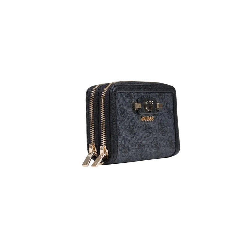 Schwarz Guess Damengeldbörse Coleen, graues Polyurethan mit goldfarbenen Reißverschlüssen und Logo-Beschlägen, 16 cm