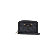 Schwarz Guess Handgelenktasche aus grauem Polyurethanmaterial mit sich wiederholendem Monogrammmuster und goldfarbenen Logo-Beschlägen