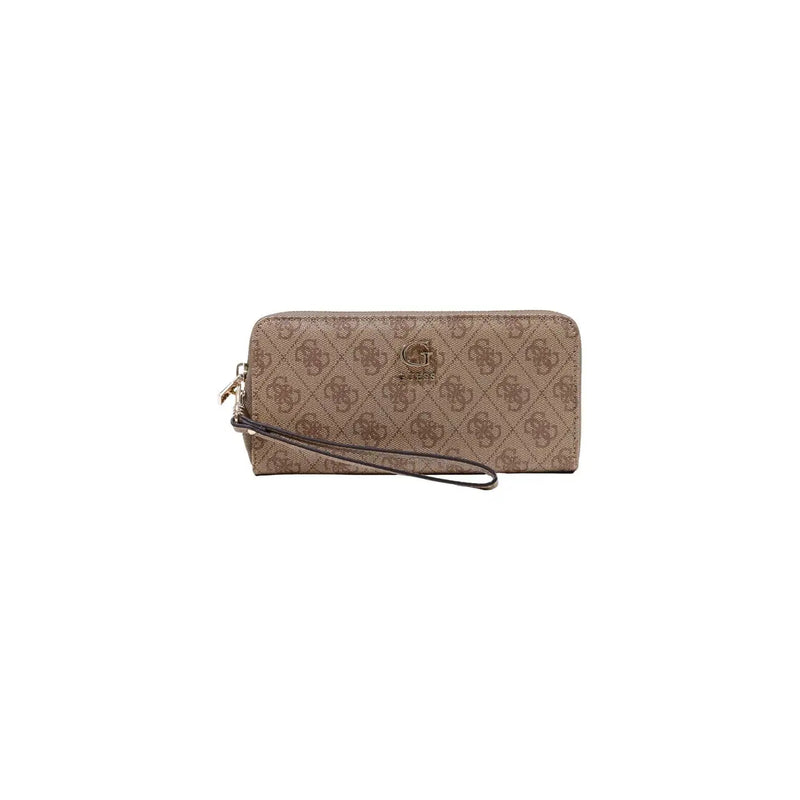 Beige Guess Damen-Geldbörse mit Handgelenkschlaufe, sich wiederholendem Monogrammmuster, goldfarbenem Logo, grauem Polyurethan, 16 cm