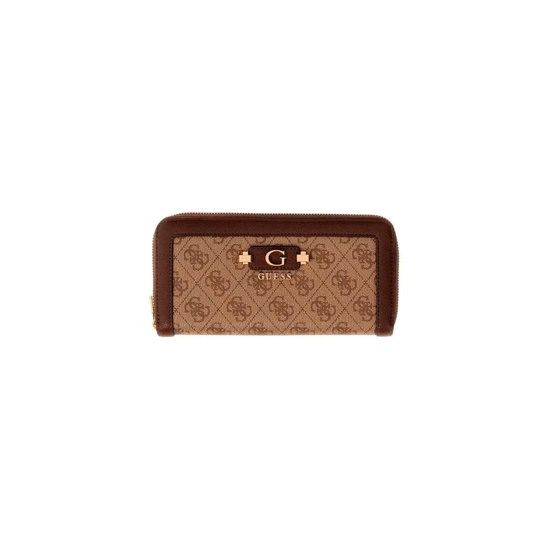 Braun und beige gemustert Guess Geldbörse mit Reißverschluss und metallischem Logo-Emblem aus grauem Polyurethan, 16 cm, für Damen