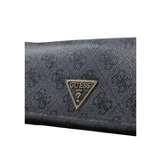 Schwarz strukturiert Guess Damengeldbörse aus grauem, schlichtem Polyurethan mit goldfarbenem, dreieckigem Logo-Emblem, Größe 10 x 20 x 4 cm