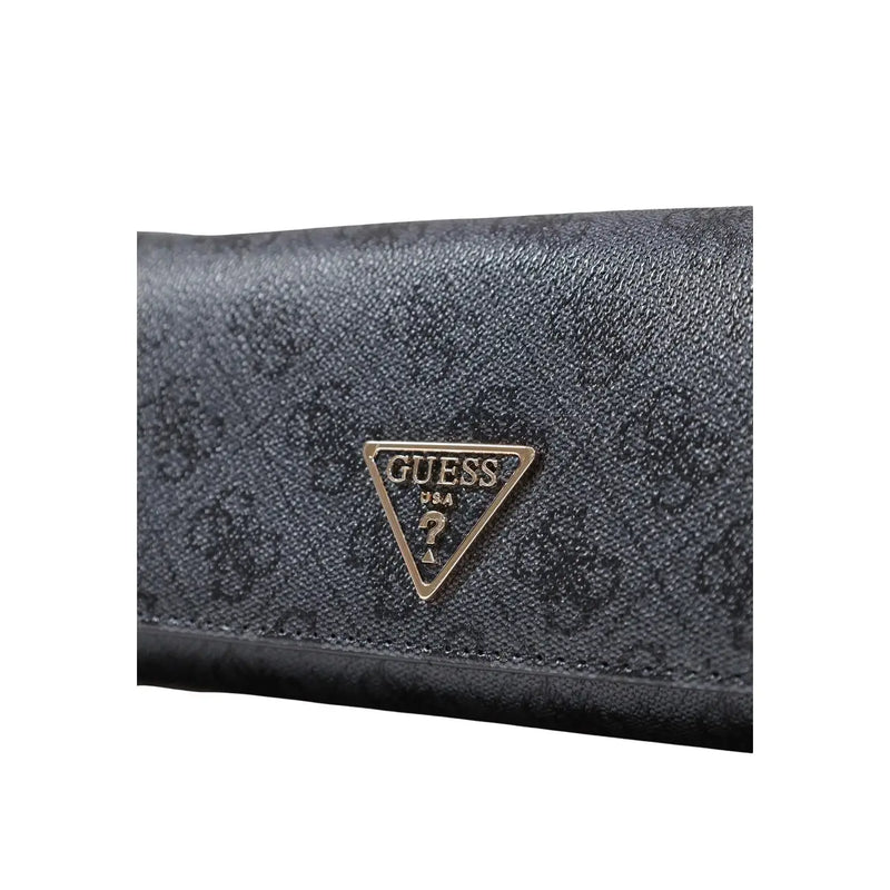 Schwarz strukturiert Guess Damengeldbörse aus grauem, schlichtem Polyurethan mit goldfarbenem, dreieckigem Logo-Emblem, Größe 10 x 20 x 4 cm