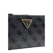 Schwarz guess Clutch mit dezentem Strukturmuster und goldfarbenem Dreieckslogo aus grauem Polyurethan, 18 x 11 x 3 cm