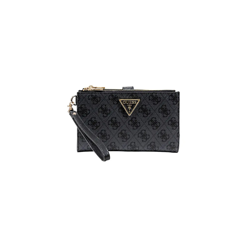 Schwarz Guess Handgelenktasche aus grauem Polyurethan mit sich wiederholendem Logomuster und goldfarbenem dreieckigem Markenemblem