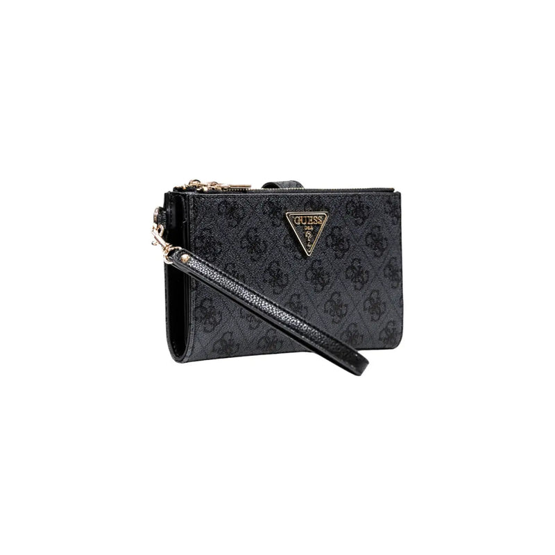 Schwarz Guess Damen-Armbandtasche aus grauem Polyurethan mit dezentem, sich wiederholendem Muster und goldfarbenem, dreieckigem Logo, Größe 18x11x3