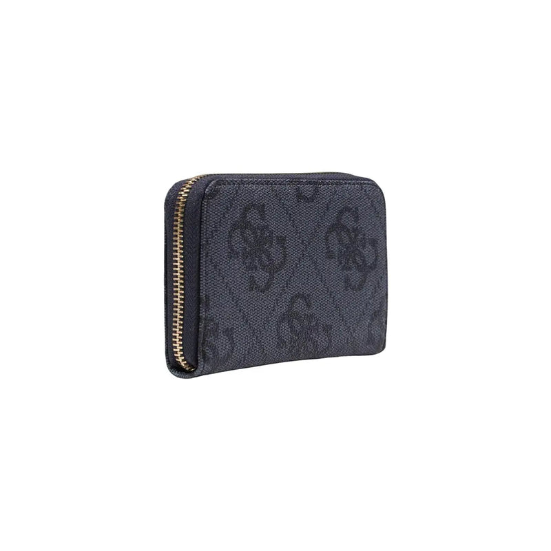 Dunkelblau Guess Damengeldbörse mit sich wiederholendem Monogrammmuster, goldfarbenem Reißverschluss, grauen Reißverschluss-Innentaschen, Größe 14 x 9 x 2,5 cm